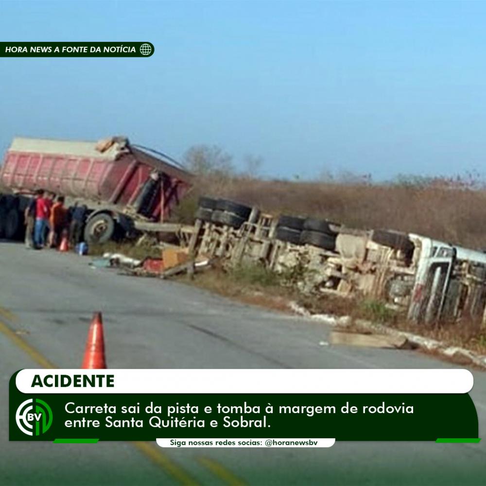 Carreta sai da pista e tomba à margem de rodovia entre Santa Quitéria e Sobral